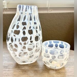 Crate & Barrel Moonstone Art Glass Lacy Opalescent Vase & Votive Candle Holder